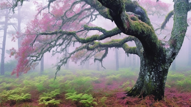 Es gibt einen großen Baum mit Moos, der im Wald wächst.