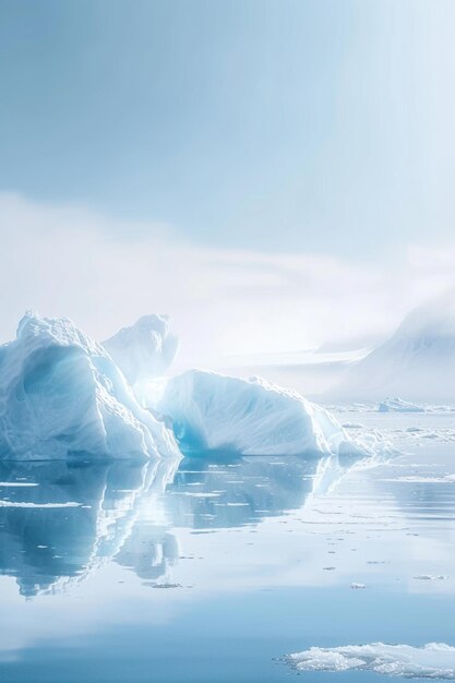 Es gibt einen großen Eisberg, der im Wasser schwimmt, mit einem Berg im Hintergrund.