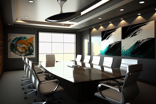 Es gibt einen großen Konferenztisch mit Stühlen in einem Raum mit generativer KI