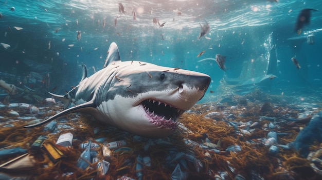 Es gibt einen Hai, der mit offenem Maul im Wasser schwimmt, generative KI