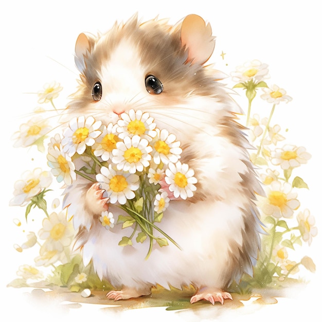 Es gibt einen Hamster, der einen Strauß generativer Blumen in der Hand hält