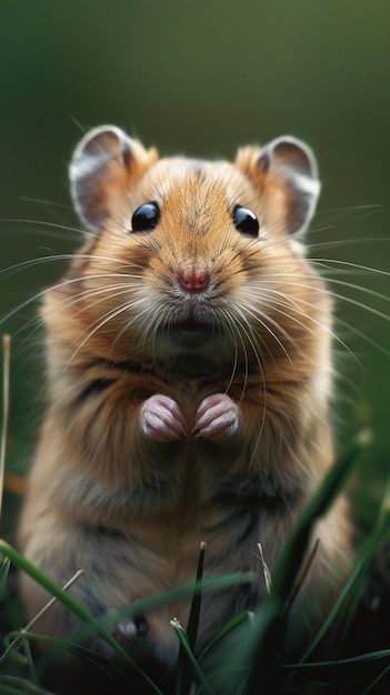 Es gibt einen Hamster, der im Gras sitzt.