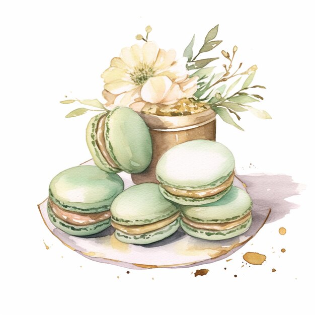 Es gibt einen Haufen Macarons auf einem Teller mit Blumen generative ai