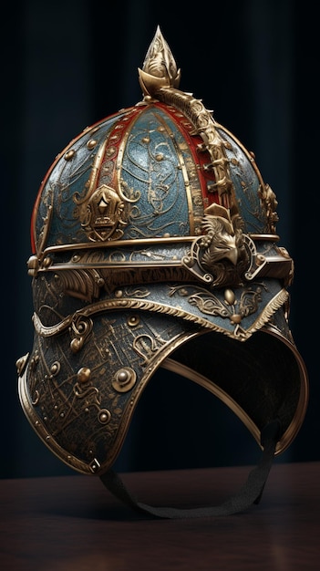 Foto es gibt einen helm mit einem goldenen und blauen design generativ ai