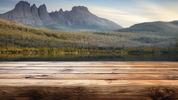 Es gibt einen Holztisch mit Blick auf eine Bergkette generative ai