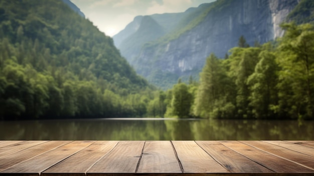 Es gibt einen Holztisch mit Blick auf einen Bergsee.