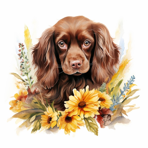 Es gibt einen Hund, der in der generativen Blumen-KI sitzt