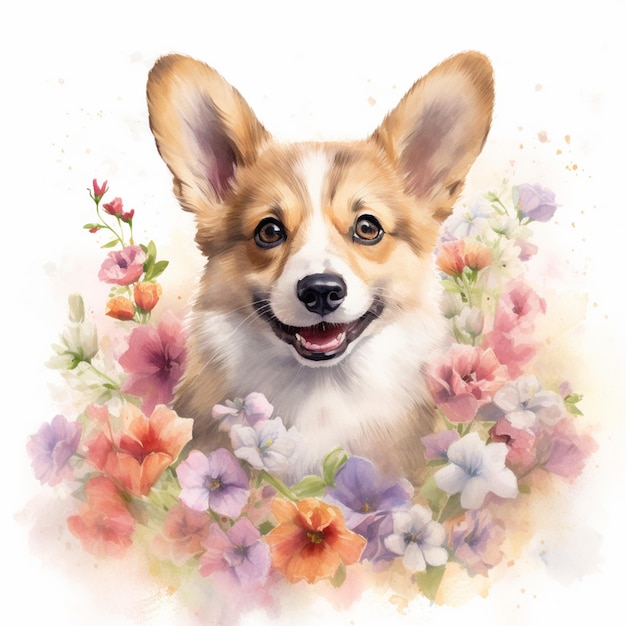 Es gibt einen Hund, der lächelt und von generativen Blumen umgeben ist