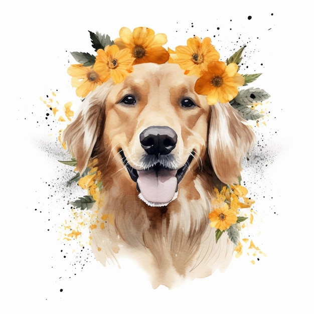 es gibt einen Hund mit Blumen auf dem Kopf und eine Blumenkrone generative ai