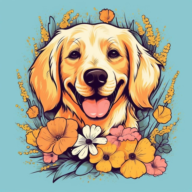 es gibt einen Hund mit Blumen auf dem Kopf und einen blauen Hintergrund