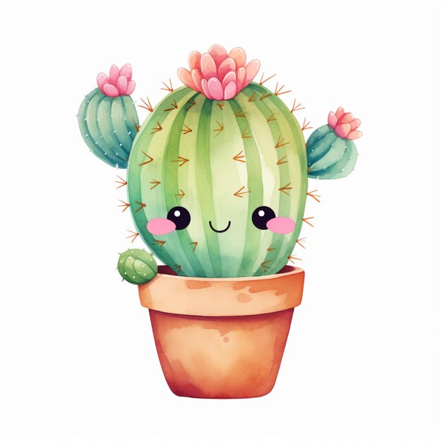 Es gibt einen Kaktus mit einem Gesicht und einer Blume in einem Topf. Generative KI