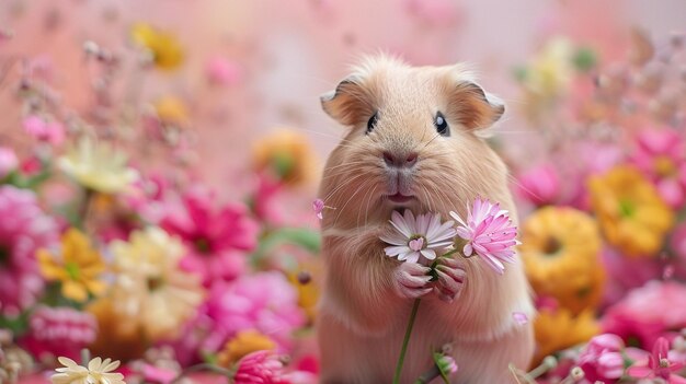 Es gibt einen kleinen Hamster, der auf einem Feld von Blumen steht.