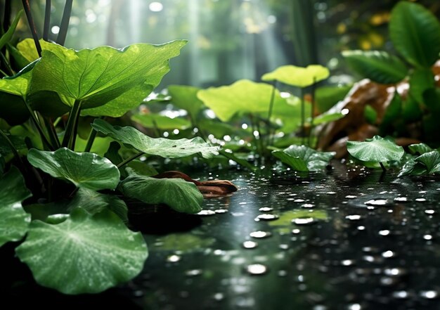 Es gibt einen kleinen Teich mit Wasser und Pflanzen im Hintergrund.