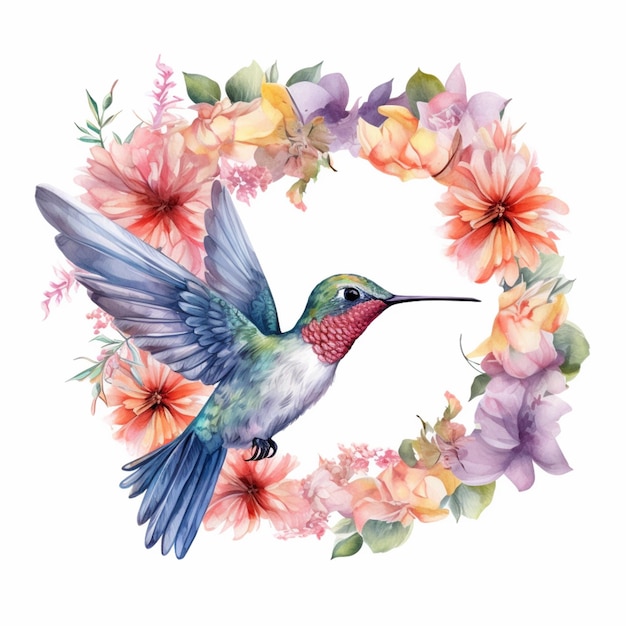 Es gibt einen Kolibri, der durch einen Kranz aus generativen Blumen fliegt