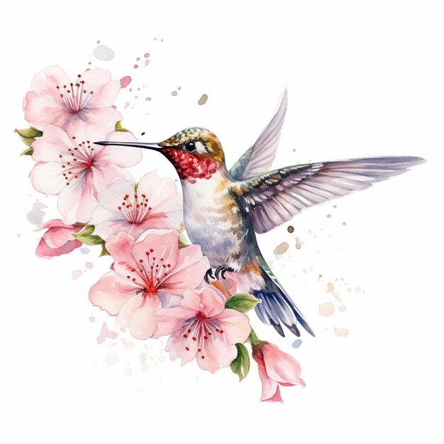 Es gibt einen Kolibri, der über einer Blume mit rosa Blumen fliegt.