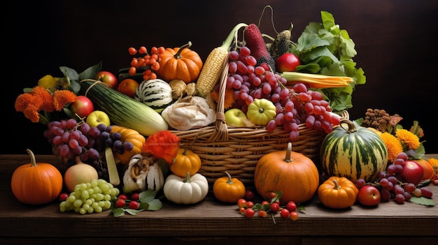 Foto es gibt einen korb voller generativer obst- und gemüsesorten verschiedener arten