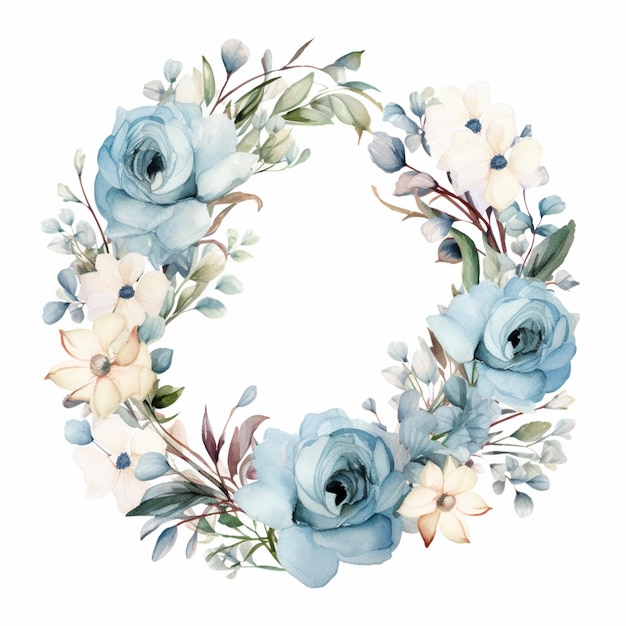 Es gibt einen Kranz aus blauen Blumen und Blättern auf einem weißen Hintergrund