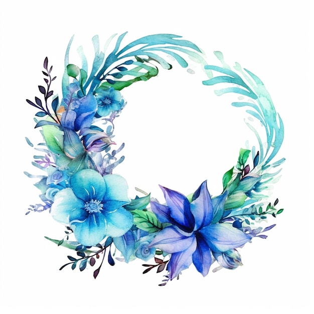 Es gibt einen Kranz aus blauen Blumen und Blättern auf einem weißen Hintergrund.