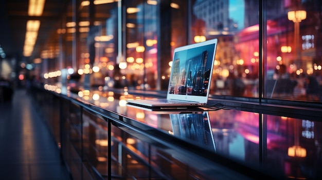 Es gibt einen Laptop auf einem Glastisch vor einem Fenster.