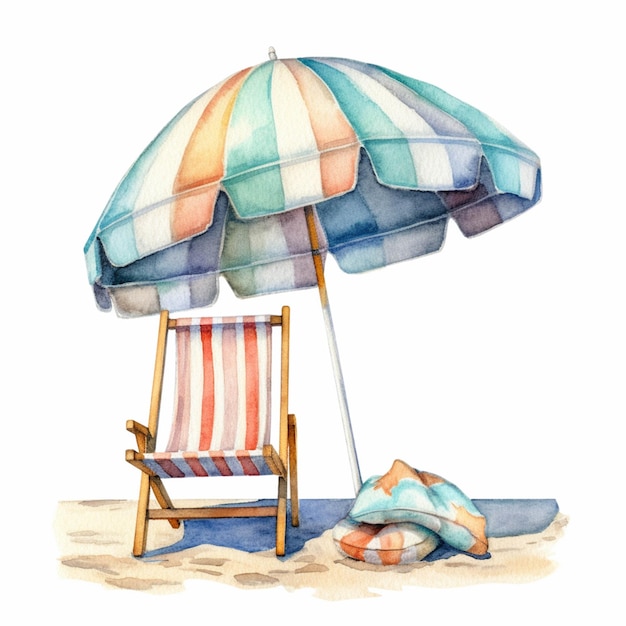 Es gibt einen Liegestuhl und einen Sonnenschirm am Strand