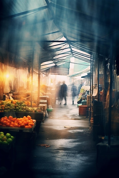 Es gibt einen Mann, der durch einen Markt geht, der viele Früchte produziert.