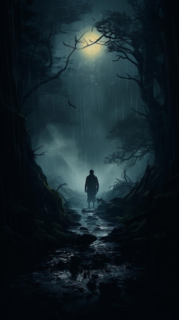 Es gibt einen Mann, der im Regen im Wald läuft. Generative KI