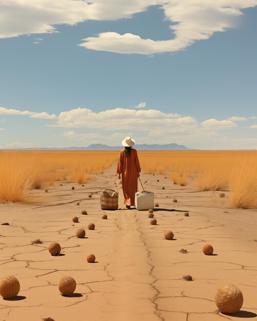 Es gibt einen Mann, der in der Wüste mit einem Koffer spazieren geht.