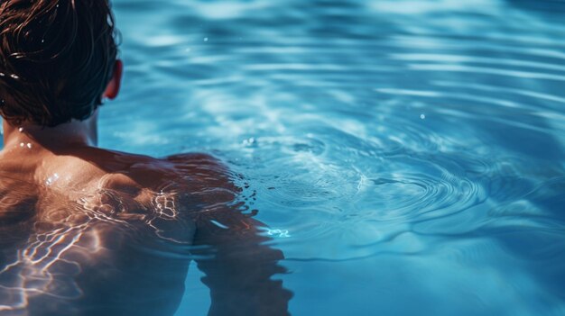 Es gibt einen Mann, der mit einem Frisbee in einem Pool schwimmt.