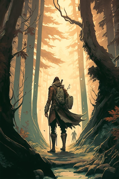 Es gibt einen Mann, der mit einer Schwert-generativen KI durch einen Wald geht