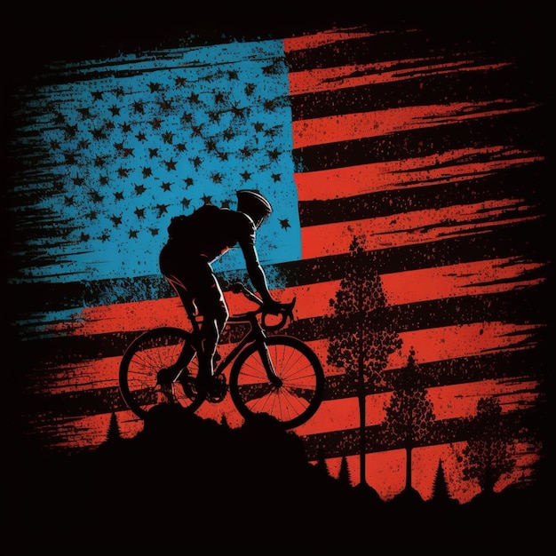 Es gibt einen Mann, der vor einer amerikanischen Flagge mit einem Fahrrad fährt.