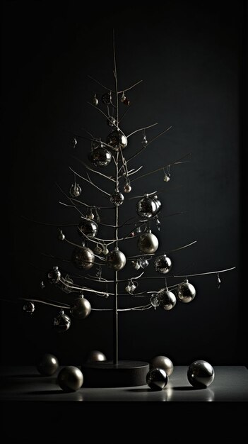 Es gibt einen Metall-Weihnachtsbaum mit Ornamenten darauf generative ai