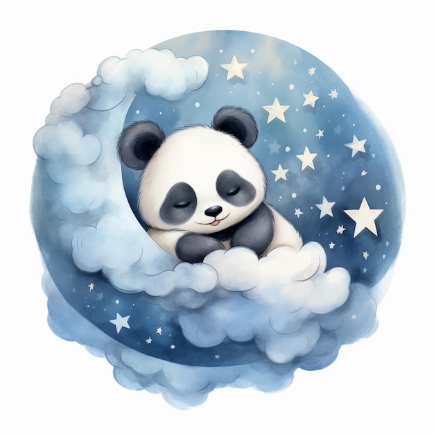 Es gibt einen Panda-Bären, der auf einer Wolke schläft.