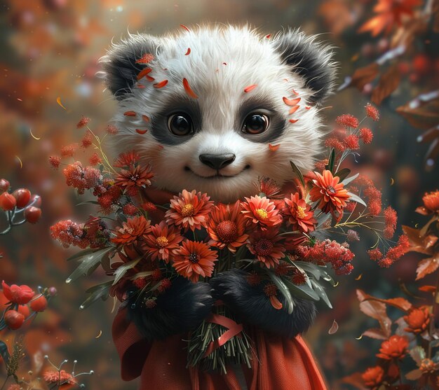 Es gibt einen Panda-Bären, der einen Blumenstrauß in den Händen hält.