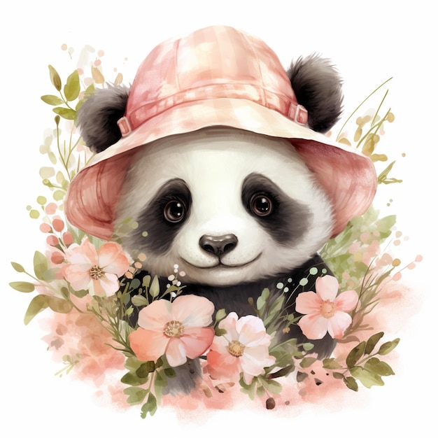 Es gibt einen Panda-Bären, der einen rosa Hut und Blumen trägt.