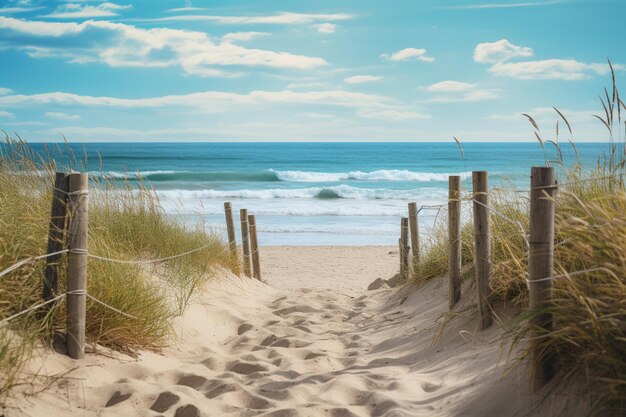 Es gibt einen Pfad, der zum Strand führt, mit einem Zaun.