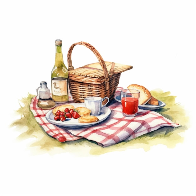 Es gibt einen Picknickkorb mit einer Flasche Wein und einen Teller mit generativem Essen
