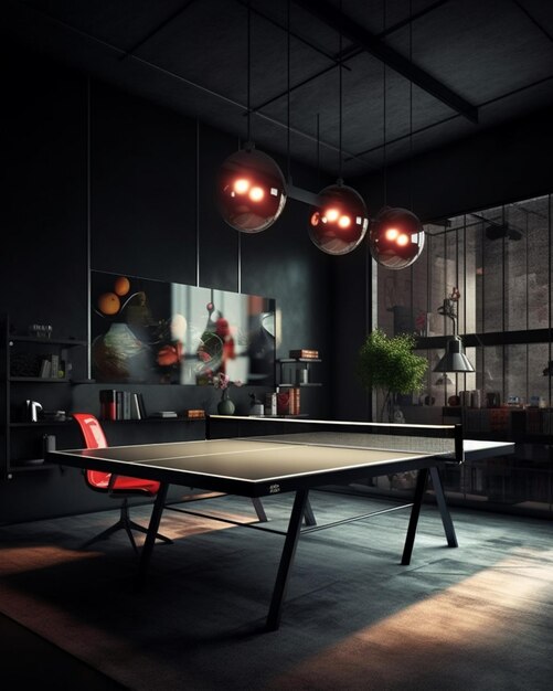 Foto es gibt einen ping-pong-tisch in einem dunklen raum mit einem roten stuhl.