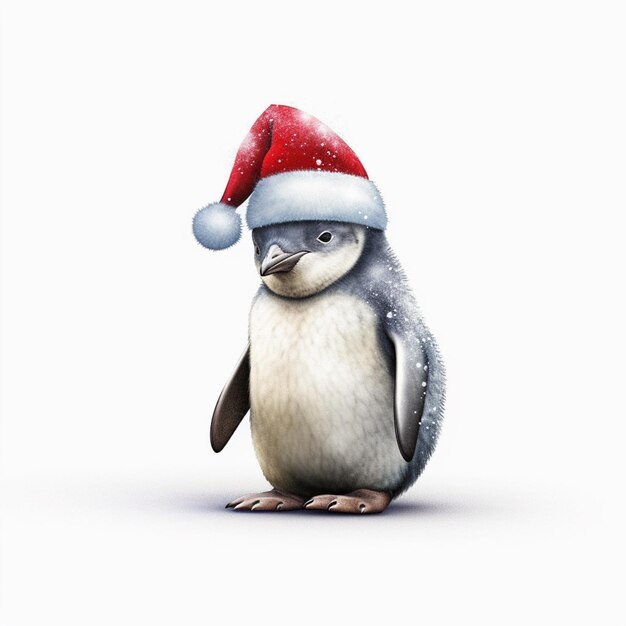 Es gibt einen Pinguin, der einen Weihnachtsmannhut trägt und auf einer weißen Oberfläche steht.