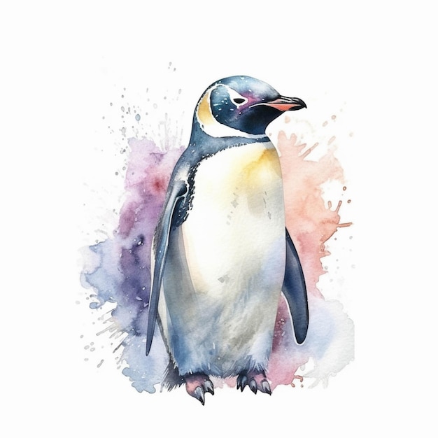 Es gibt einen Pinguin, der vor einem generativen Aquarell-Hintergrund steht