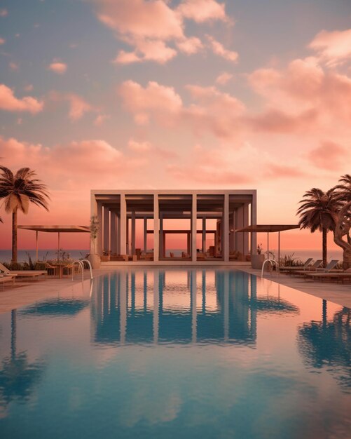 Foto es gibt einen pool mit einem blick und palmen im hintergrund generative ai