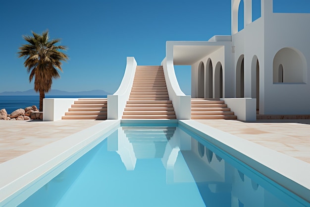 Es gibt einen Pool mit Stufen, die zu einem Gebäude und einer generativen Palmen-Ki führen