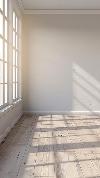 Es gibt einen Raum mit einem Fenster und einem Holzboden.