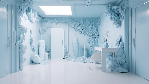 Es gibt einen Raum mit einem weißen Tisch und einer generativen KI an der blauen Wand