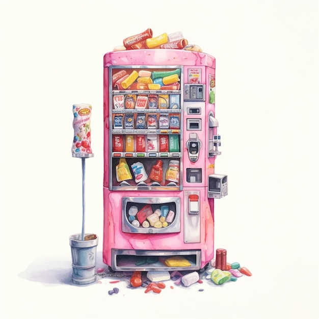 Es gibt einen rosa Automaten mit Süßigkeiten und Süßigkeiten darin.