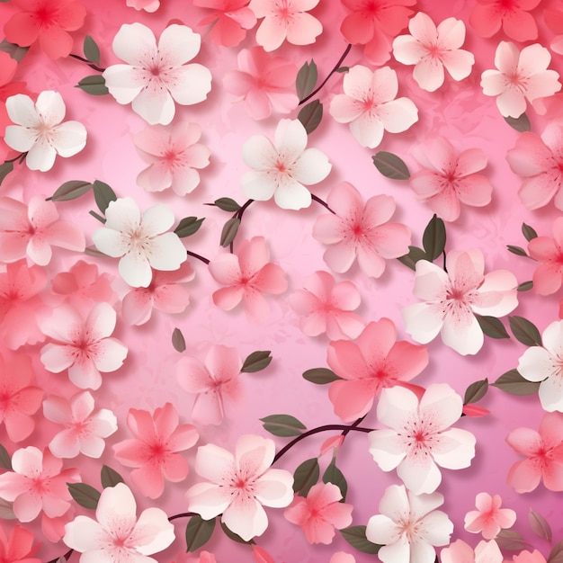 Es gibt einen rosa Hintergrund mit weißen Blumen und grünen Blättern.