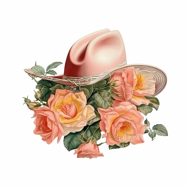 Es gibt einen rosa Hut mit Rosen darauf und einen weißen Hintergrund generativ ai