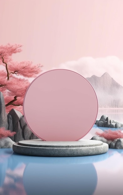 Es gibt einen rosa Kreis auf einem runden Stand in einer rosa Landschaft generative ai