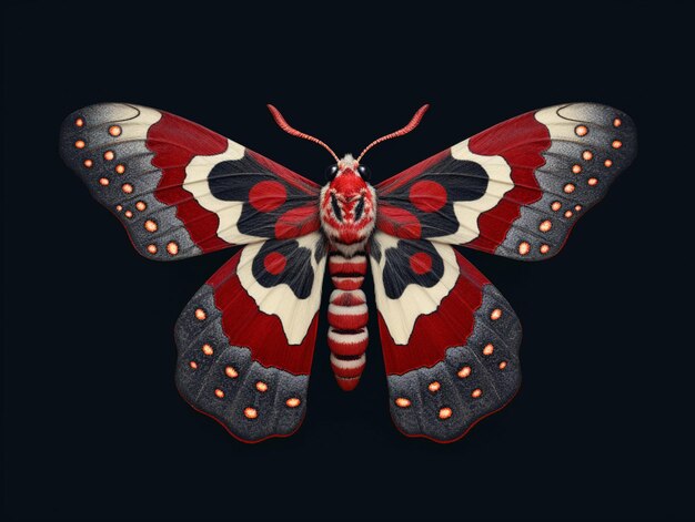Es gibt einen rot-weißen Schmetterling mit schwarzen Flecken auf seinen Flügeln.