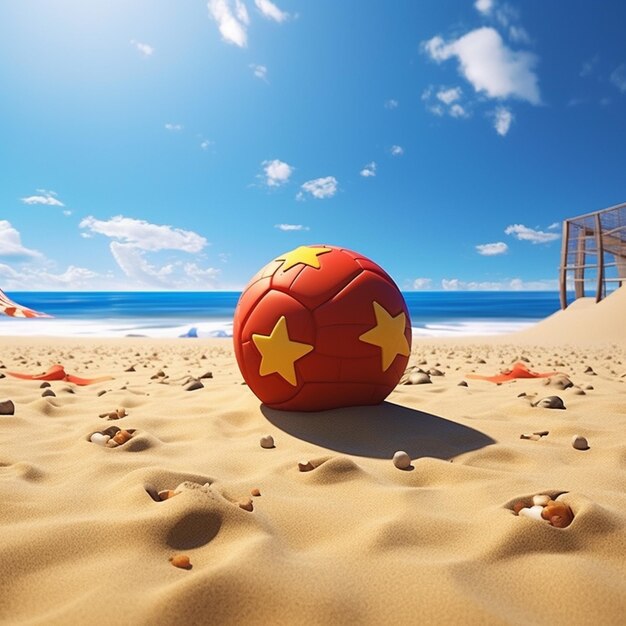 Es gibt einen roten Ball mit gelben Sternen auf dem Strand.