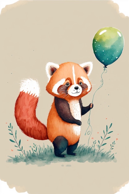 Es gibt einen roten Panda, der einen Ballon hält und auf dem Gras steht.